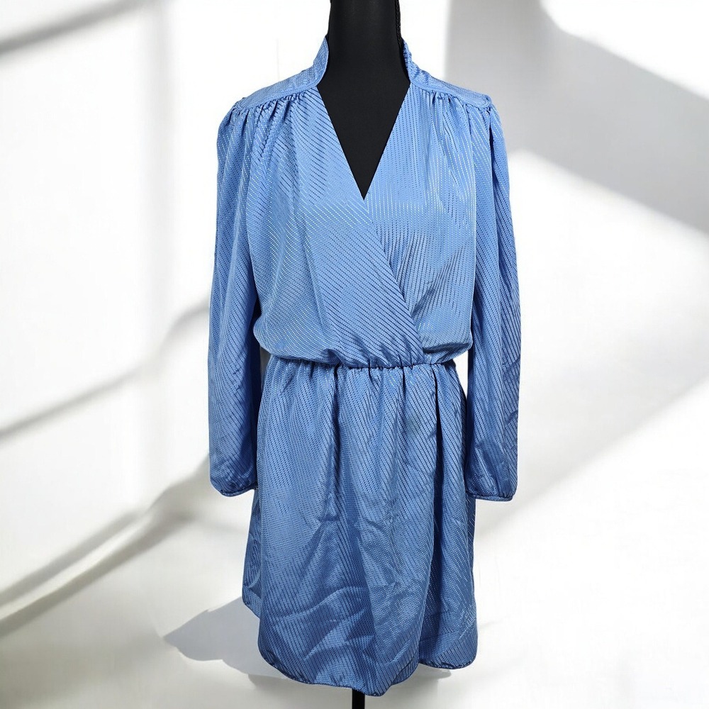 Vintage Blue Textured Wrap Dress Woman Small? Long‎ Sleeve Elastic Waist Midi